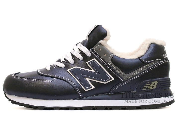 Кроссовки New Balance 574 winter leather blue shade  черные, синие, кожаные