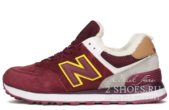 Кроссовки New Balance 574 Winter Burgundy Yellow  бордовые