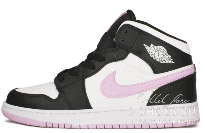 Кроссовки Nike Air Jordan 1 Mid White Black Light Arctic Pink 555112-103 белые, черные, кожаные